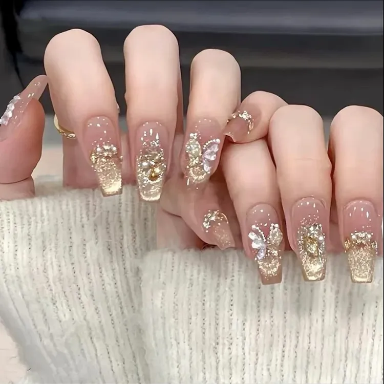 【烫金蝴蝶】高品质穿戴甲腮红微笑光疗猫眼立体可拆卸美甲