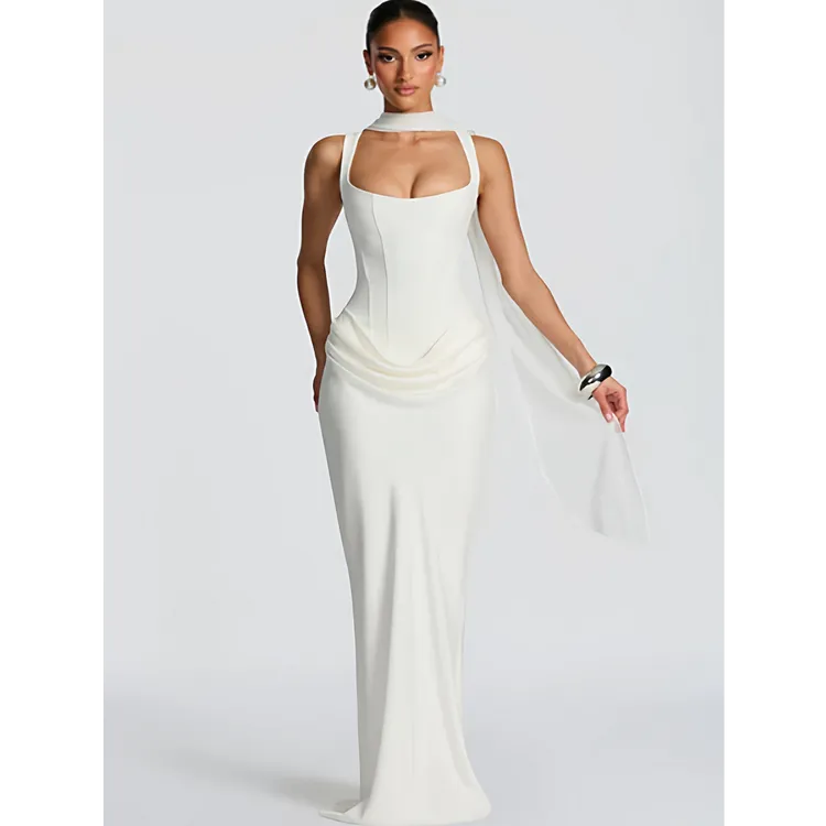 Younger Lady欧美性感辣妹鱼骨绑带吊带连衣裙气质名媛礼服裙长裙