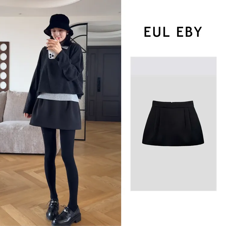 EUL EBY纯色褶皱半身裙休闲显瘦小黑裙251377#