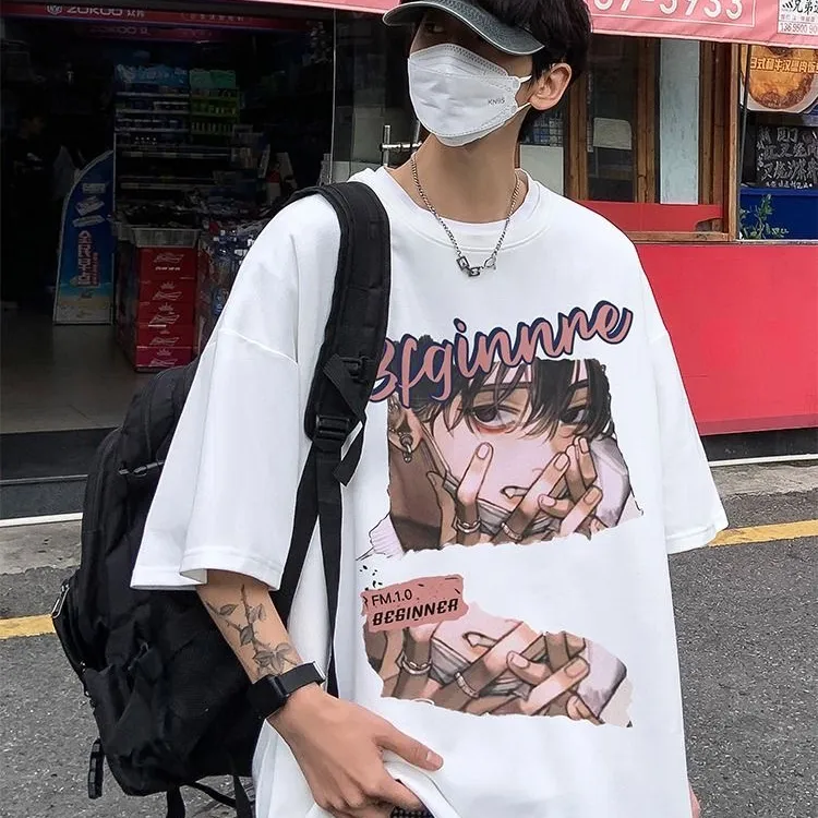 夏季短袖印花T恤潮流大码短袖t恤五分袖宽松上衣潮流情侣日式