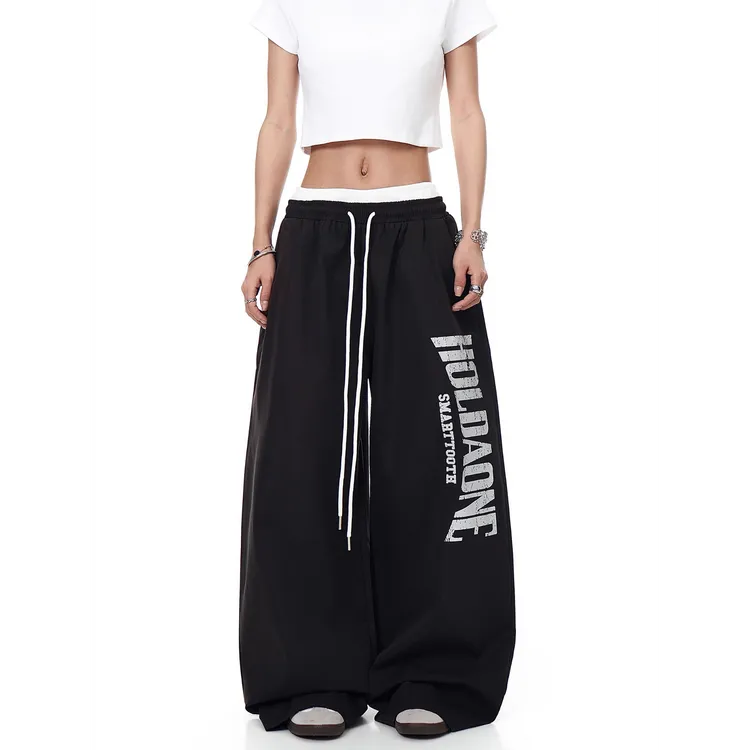 美式复古双腰头拼接字母印花休闲卫裤女显瘦春秋街头风冬款运动裤