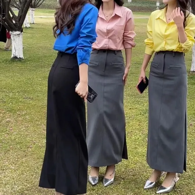 2025网红洋气气质女夏季 轻熟高腰显瘦开叉半身裙时尚休闲女装