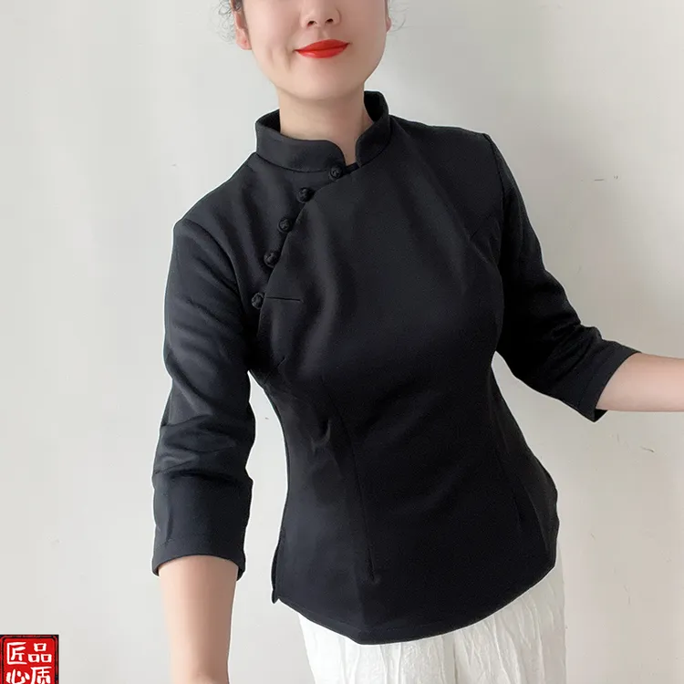 傲雪国风气质纯色经典百搭黑色旗袍上衣国潮中式妈妈装时尚不过时