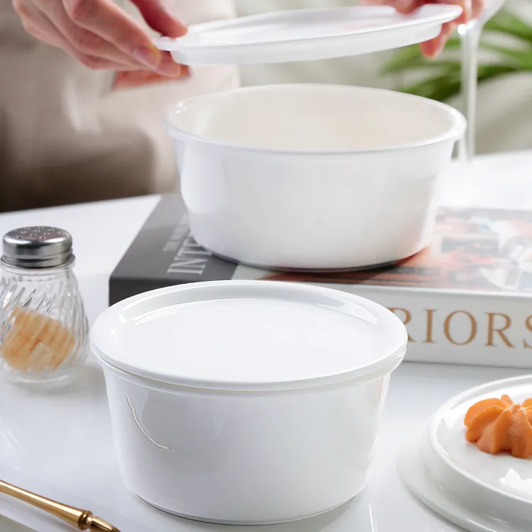 骨瓷陶瓷碗家用大容量带盖汤碗白色简约餐具套装竹节平盖碗