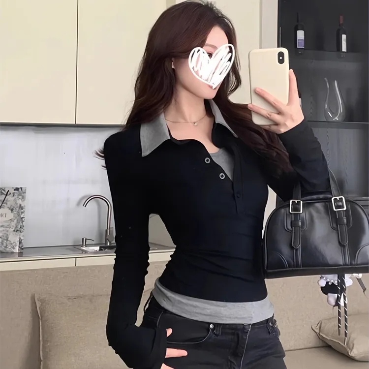 韩系正肩假两件撞色长袖t恤衫女春秋冬修身高级感外穿打底衫上衣