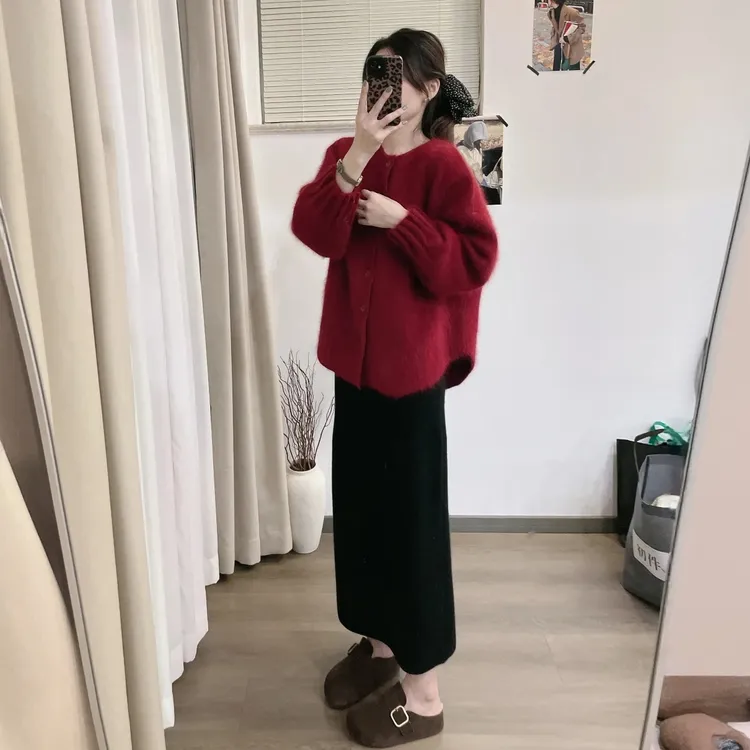 2025秋冬新款新年红气质红色毛衣开衫外套过膝长裙套装裙子两件套