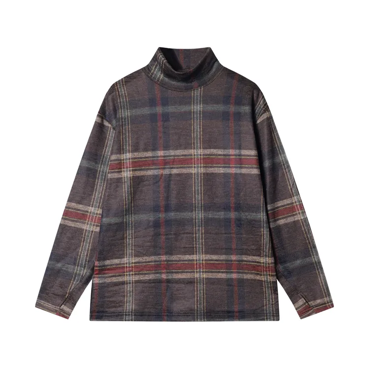 秋冬季新款时尚个性韩版撞色格纹半高领长袖T恤百搭休闲潮流上衣