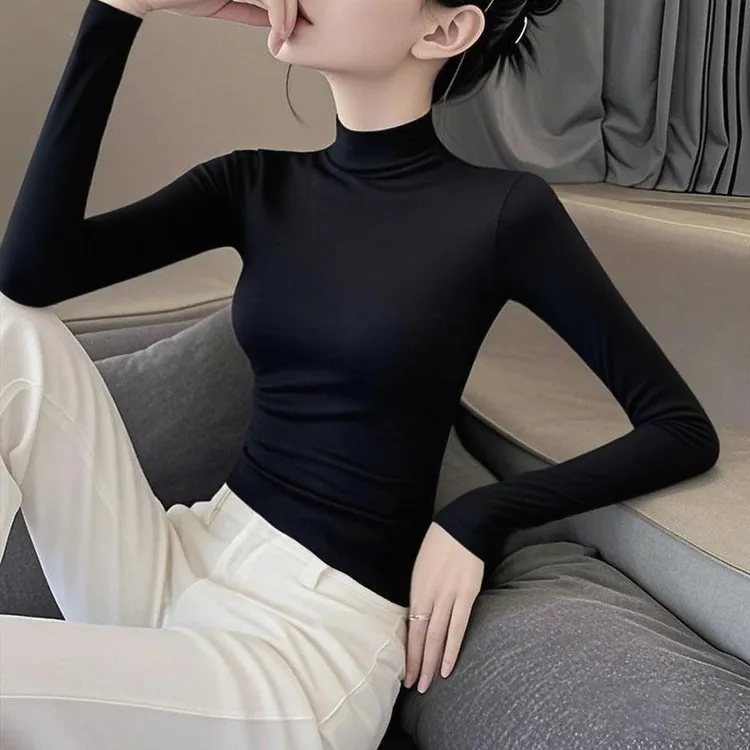 莫代尔白色半高领打底衫t恤女长袖早秋新款超薄面膜上衣显瘦内搭