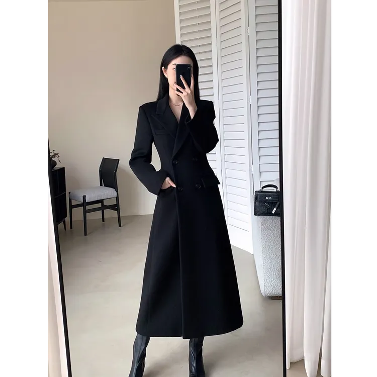 大码黑色显瘦单面呢子大衣女2025秋冬胖mm收腰气质赫本风毛呢外套