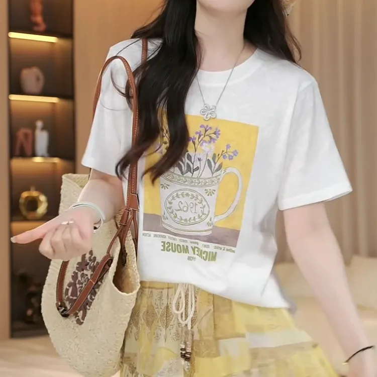 【杯子花语】夏季时尚宽松花朵图案印花短袖女士T恤上衣LK2504613