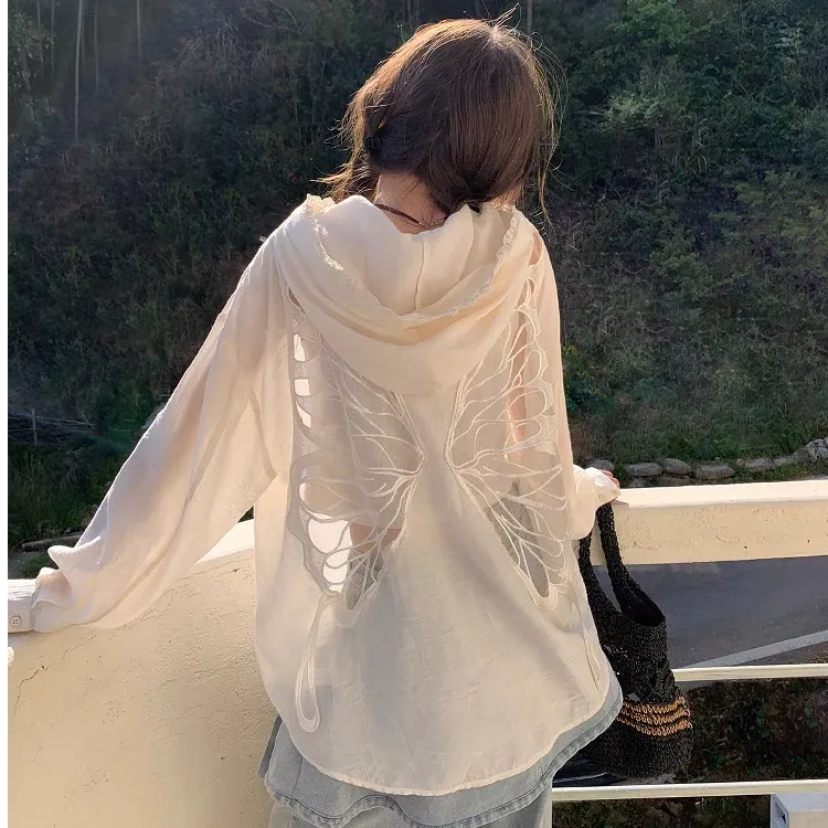 慵懒风后背蝴蝶刺绣连帽衬衣2025夏季气质新款长袖衬衫防晒衣女