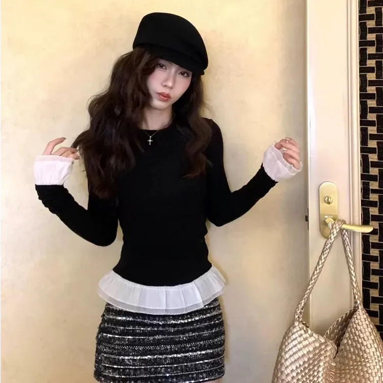 设计感荷叶边长袖T恤女2024冬季新款韩版修身显瘦内搭打底上衣
