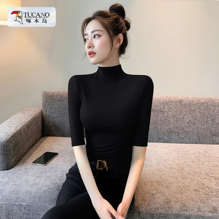 啄木鸟春秋半高领打底衫女内搭中袖黑色上衣五分袖洋气修身显瘦气
