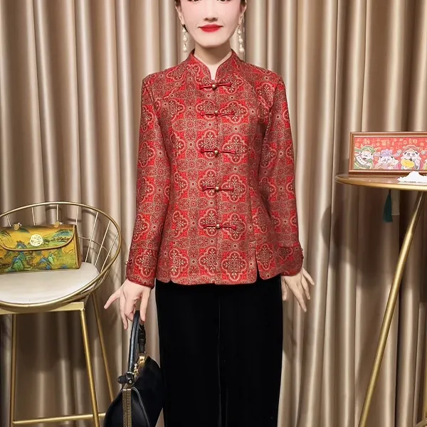 8989中年妈妈秋冬装打底衫加绒上衣复古风中式唐装中老年女