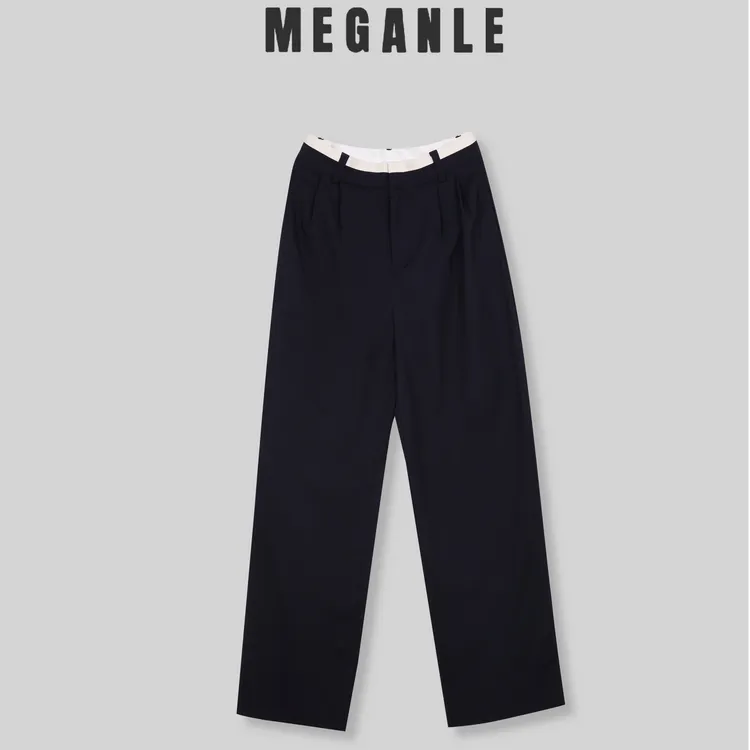 【拼接西裤】MEGANLE休闲撞色拼接设计高腰直筒西装拖地长裤2023258