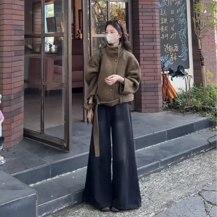 氛围感立领宽松显瘦长袖开衫女秋冬新款复古棕色系带短款毛呢外套