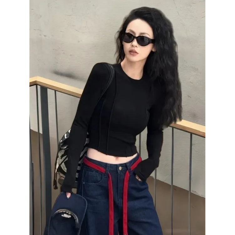 巨推荐，上身绝美！辣妹紧身短款上衣气质红色秋冬季内搭长袖t恤女