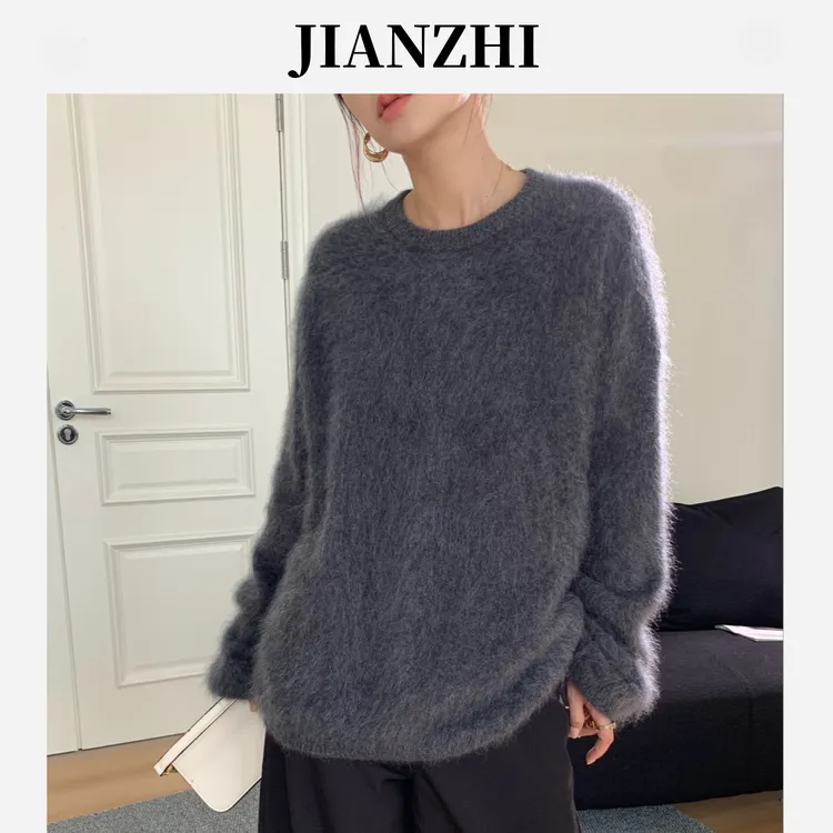 简织100%羊毛女针织衫圆领毛衣简约慵懒风加厚长袖紫色拉毛毛衫