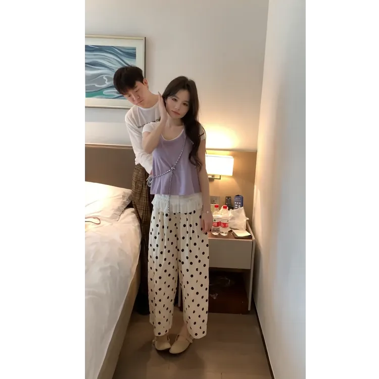 2025夏季新款芭蕾纯欲韩系短袖挂脖背心套装上衣搭波点长裤套装女