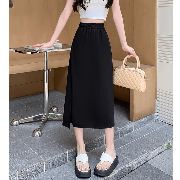 松紧腰黑色半身裙夏季开叉新款高腰显瘦小个子女款百搭包臀裙