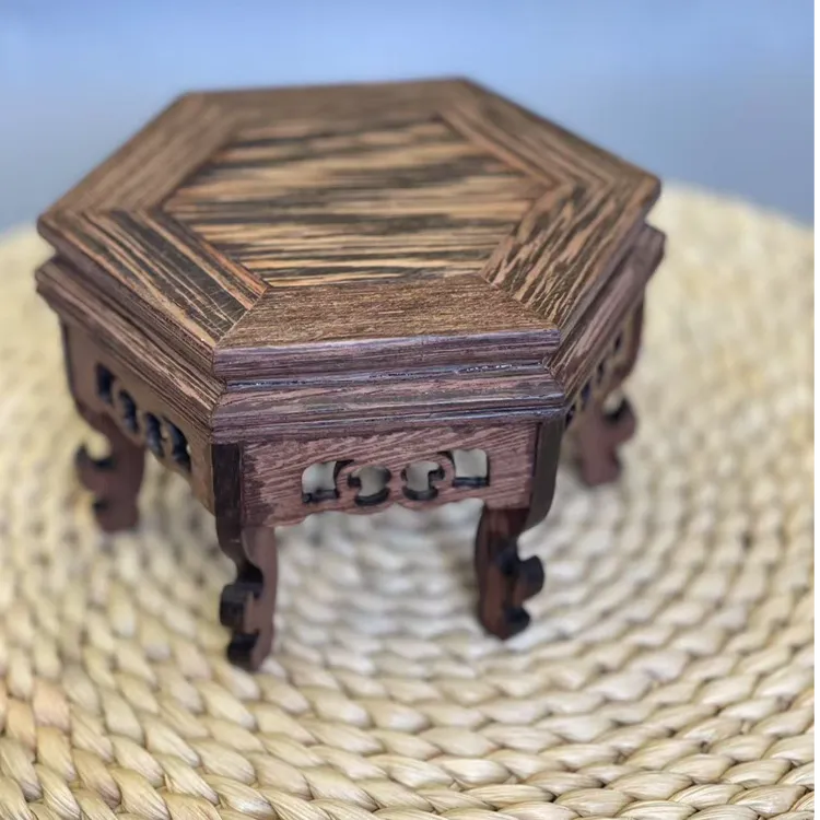 鸡翅木高六角底座镂空高端花架精美壶承