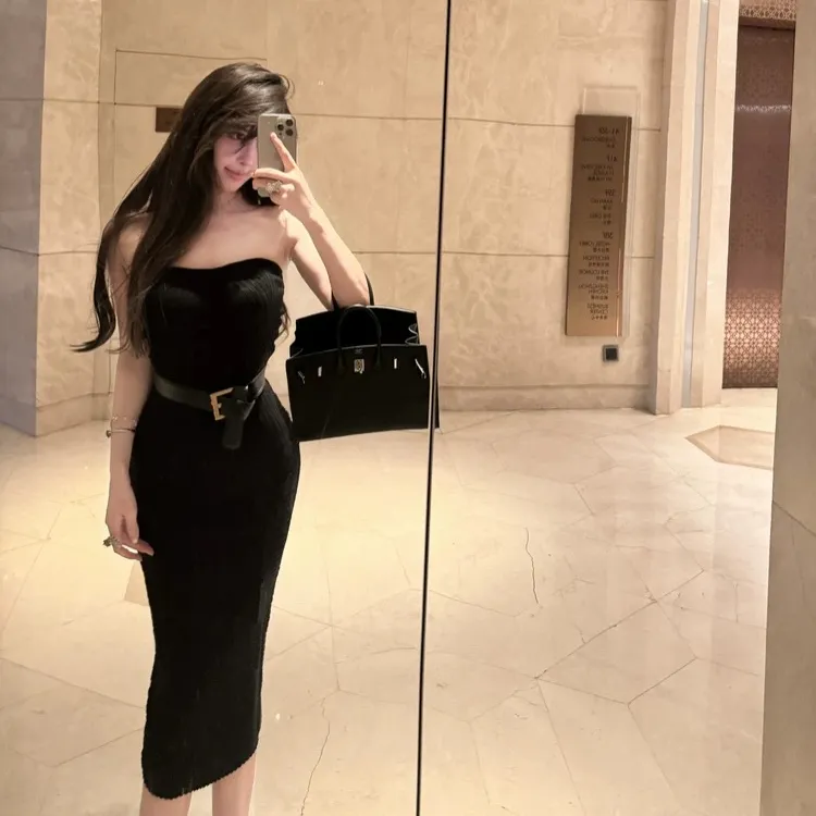 美式复古辣妹黑色一字肩抹胸针织长裙女性感露背裹胸一步裙包臀裙