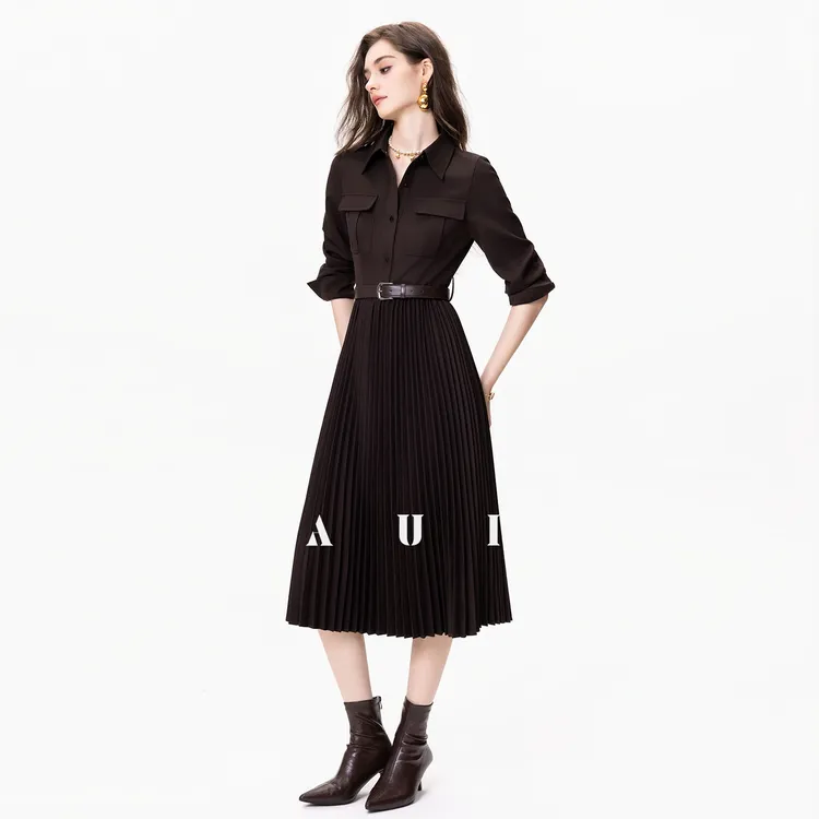 aui职业设计感衬衫连衣裙女秋冬设计感修身显瘦百褶裙25W010692