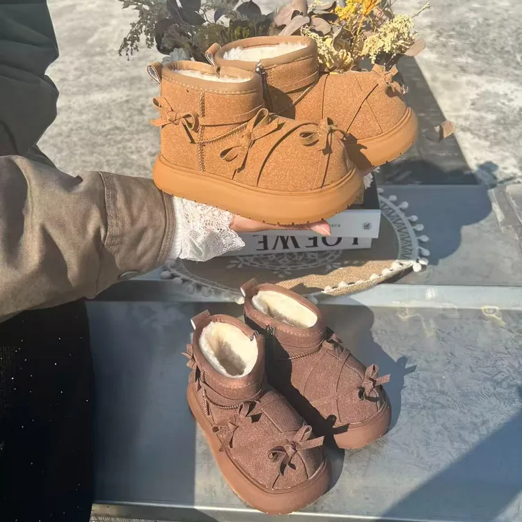 卡皮巴拉大头雪地靴中大童女加绒加厚冬季新款蝴蝶结厚底保暖棉鞋