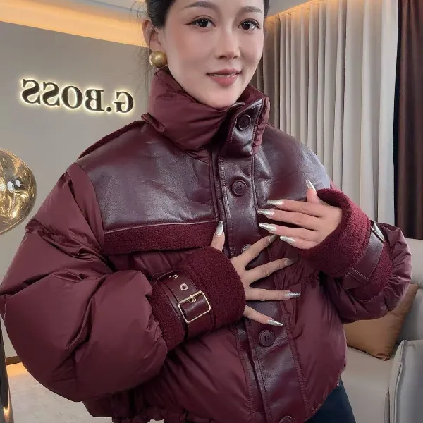 【耿老板1258#P】拼接皮立领时尚休闲精致小短款白鸭绒女羽绒服