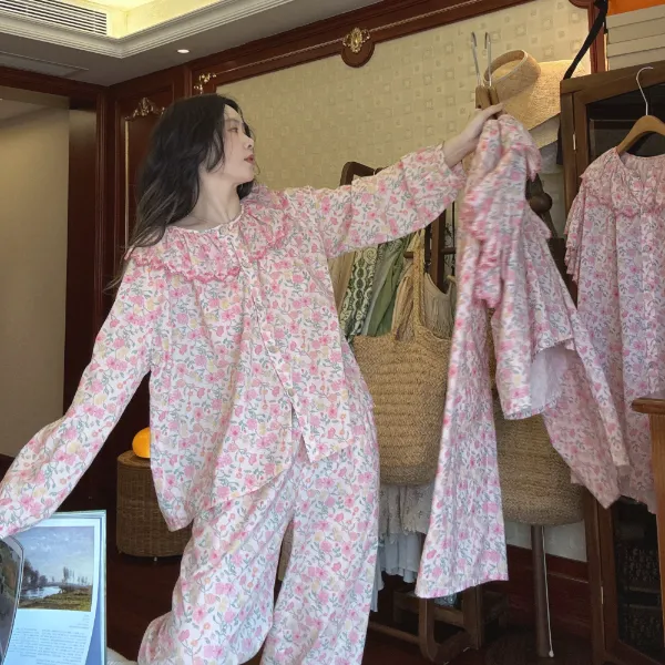 夏季纯棉睡衣女2025新款刺绣薄款睡裙短袖长袖长裤家居服套装春秋