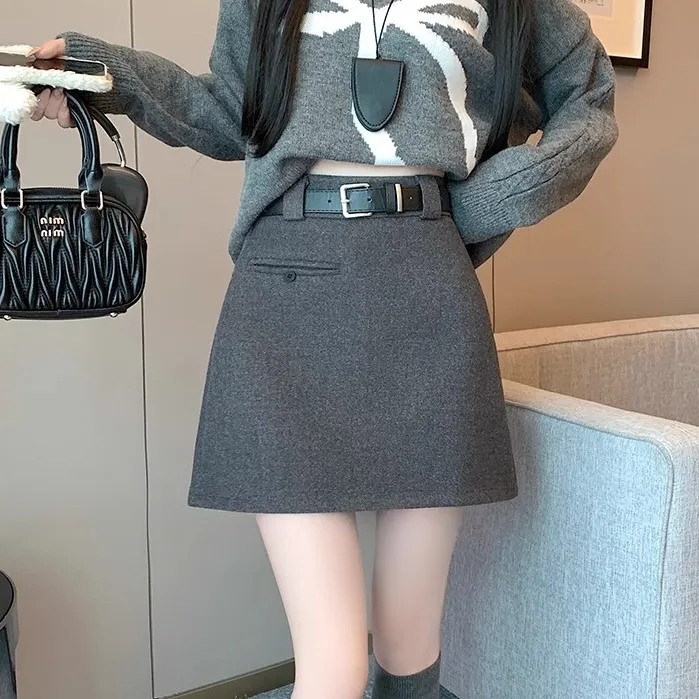 配腰带灰色休闲毛呢半身裙秋冬高腰防走光A字小个子显瘦包臀短裙