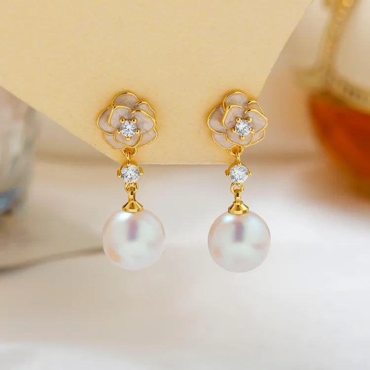 铜合金耳饰 [山茶花]2025浪漫山茶花珠珠耳钉优雅气质女士耳环478