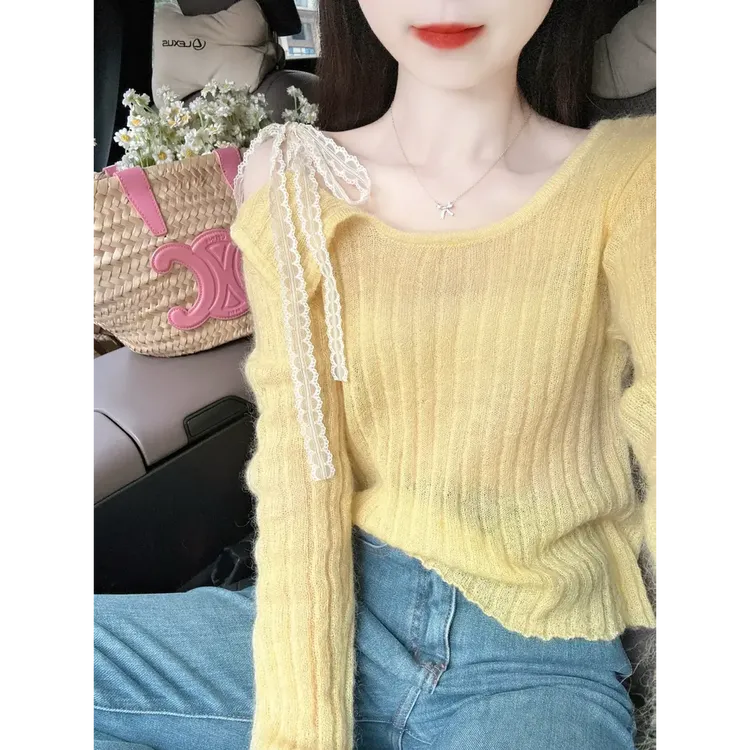 2025春季新款慵懒风毛衣多巴胺黄色薄款针织衫搭配牛仔裤两件套女