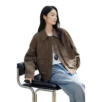 对白仿麂皮翻领短款夹克外套小个子复古宽松休闲上衣DYZB-FDW070