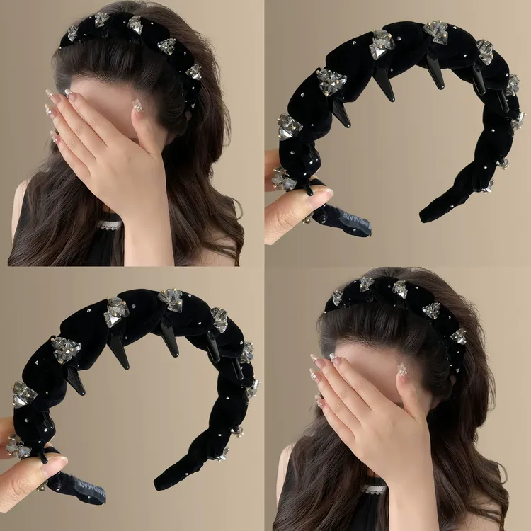 精致丝绒闪钻带齿波浪头箍女重工百搭气质高颅顶轻奢发箍发卡头饰