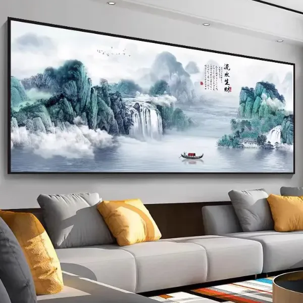 新中式客厅装饰画国画沙发背景墙壁背靠书房办公室高山流水壁挂画