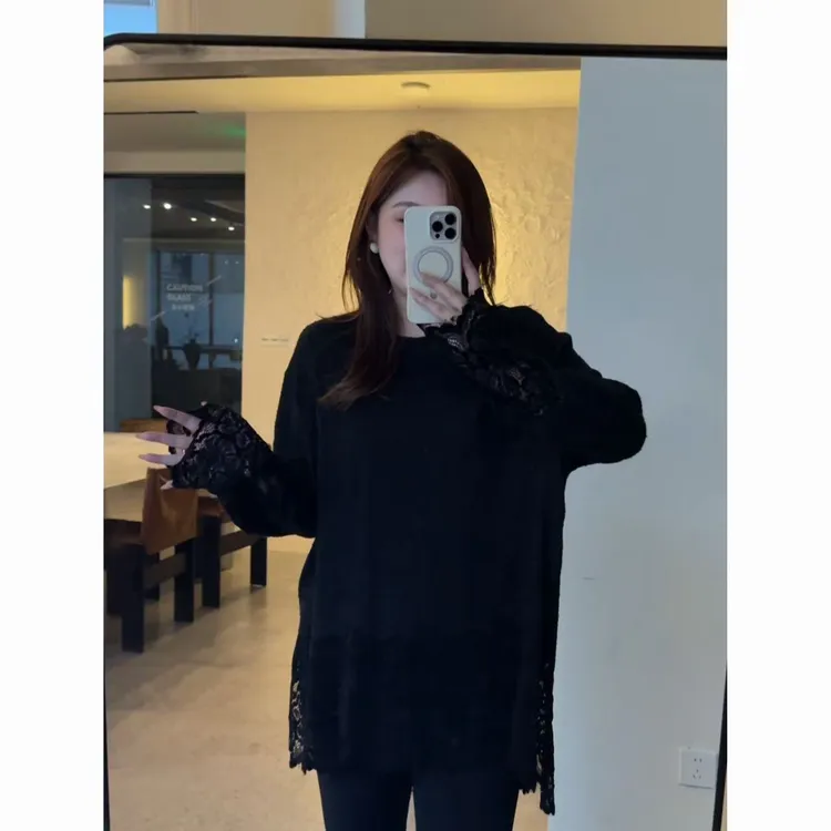 晶咕佳佳【氛围加成】袖口下摆拼接蕾丝绒感长袖T恤时尚百搭宽松