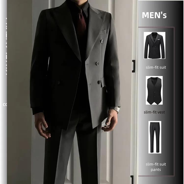 英伦风双排扣西装男套装商务休闲正装新郎结婚礼服高档西服三件套