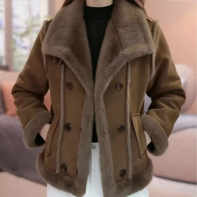 冬季短款保暖短外套休闲洋气皮毛一体保暖大衣女加绒宽松型百搭女
