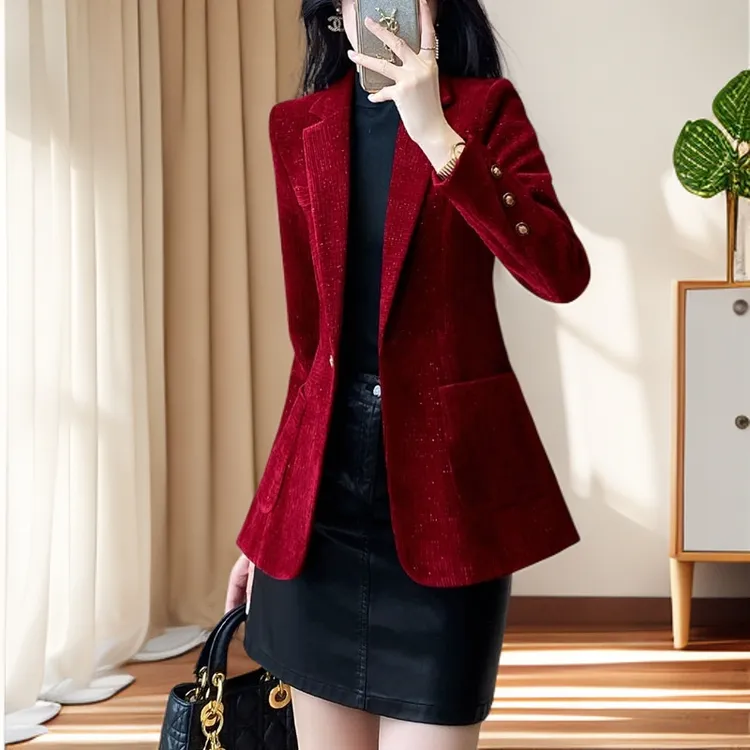 西装外套女2025新款红色加厚保暖小西服气质名媛高级感金丝绒上衣