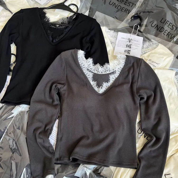 冬季蕾丝V领带杯垫时保暖长袖