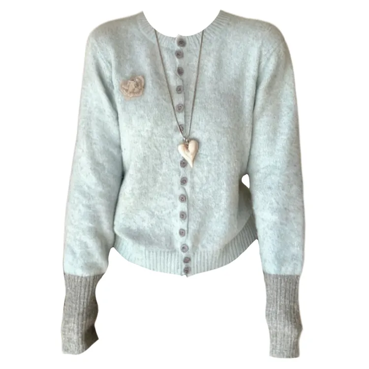 大码胖MM韩系温柔慵懒风撞色纽扣针织开衫女长袖秋冬新款拼接毛衣