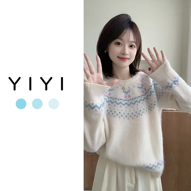 【YiYi】樱桃拉绒~韩版全羊毛费尔岛提花羊毛拉毛保暖圆领针织长袖