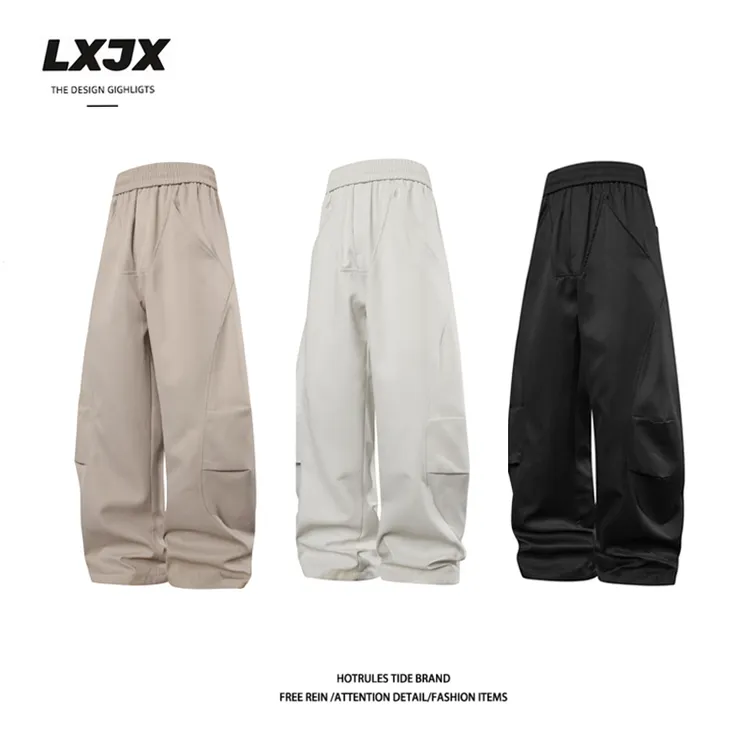 LXJX潮流直筒高街褶皱垂感秋季休闲裤宽松百搭弯刀工装阔腿裤