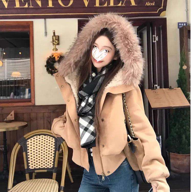 【自由行者】美式简约复古气质修身显瘦保暖加绒百搭大毛领短外套女