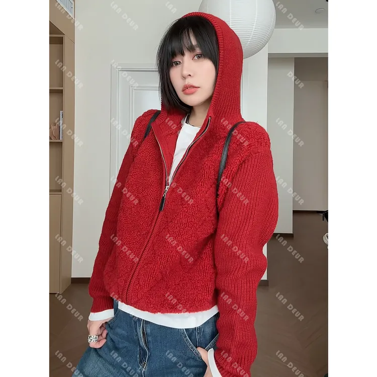 JIUJIU【米兰假日】100绵羊毛小众菱格简约连帽宽松短款毛针织衫女