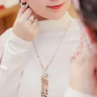 3573项750黄金18K玫瑰金红宝石毛衣锁骨链