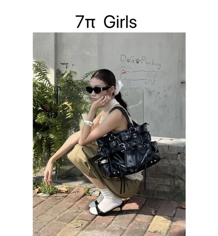 黑色油蜡皮铆钉流苏辣妹机车包大容量通勤手提单肩斜挎包托特包女