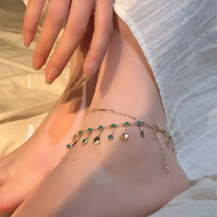 合金锆石脚链 蓝色之恋超闪双层贝壳脚链小众精致海边度假风脚链