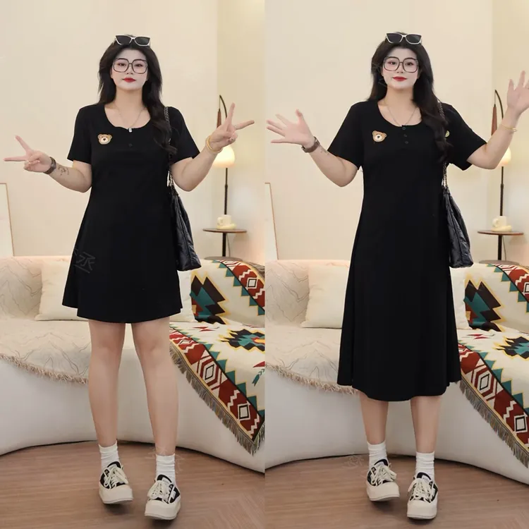 梦丞【纯氧少女】大码女装季方领小熊刺绣黑色连衣裙（长短款可选）